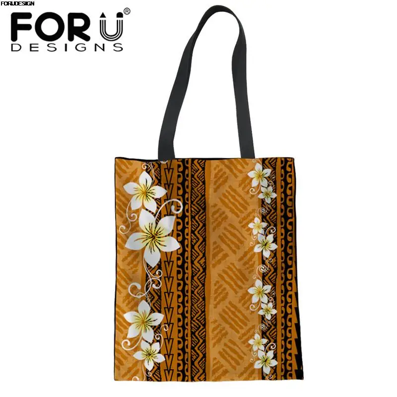 

FORUDESIGNS Brand Design Tribal Polynesian Plumeria Printed Ladies Shopper Bag Canvas Linen Tote Bag for Women Foldable Eco Bag