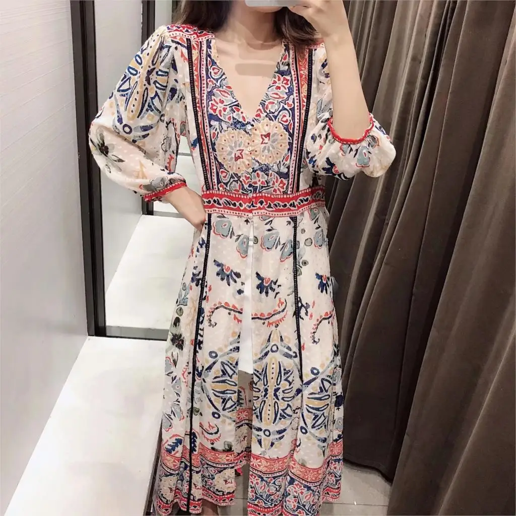 Винтажное белое длинное платье с цветочным принтом Женский Осенний пляжный