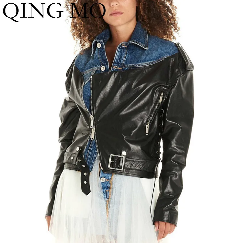 Женская джинсовая куртка QING MO облегающее пальто из искусственной кожи в стиле