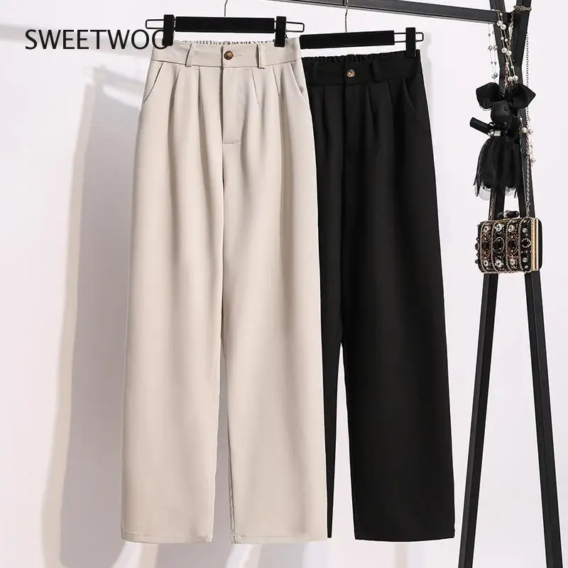 

Black Beige Wide-Legged Suit Pants Female High Waist Plus Large Size Boyfriend For Women'S Clothing 2021 Trouser Oversize