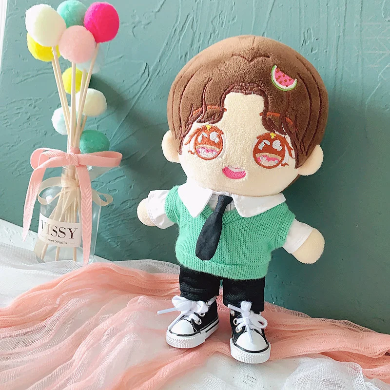 

20cm Fisherman Hat Idol Plush Doll Dress Up Wear Doll Cltohes Fresh Green Vest Shirt Tie Set Christmas Gifts