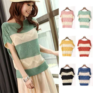 Женский свитер пуловер круглый вырез короткий рукав в полоску Повседневный
