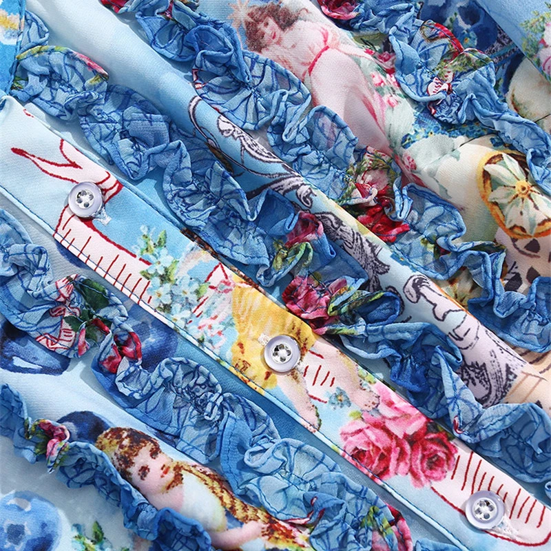 

High Quality Fashion Spring Women 2 Piece Outfits Elegant Lady Sweet Party Suit Long Sleeve Ruffle Blouse and Print Skirt Set