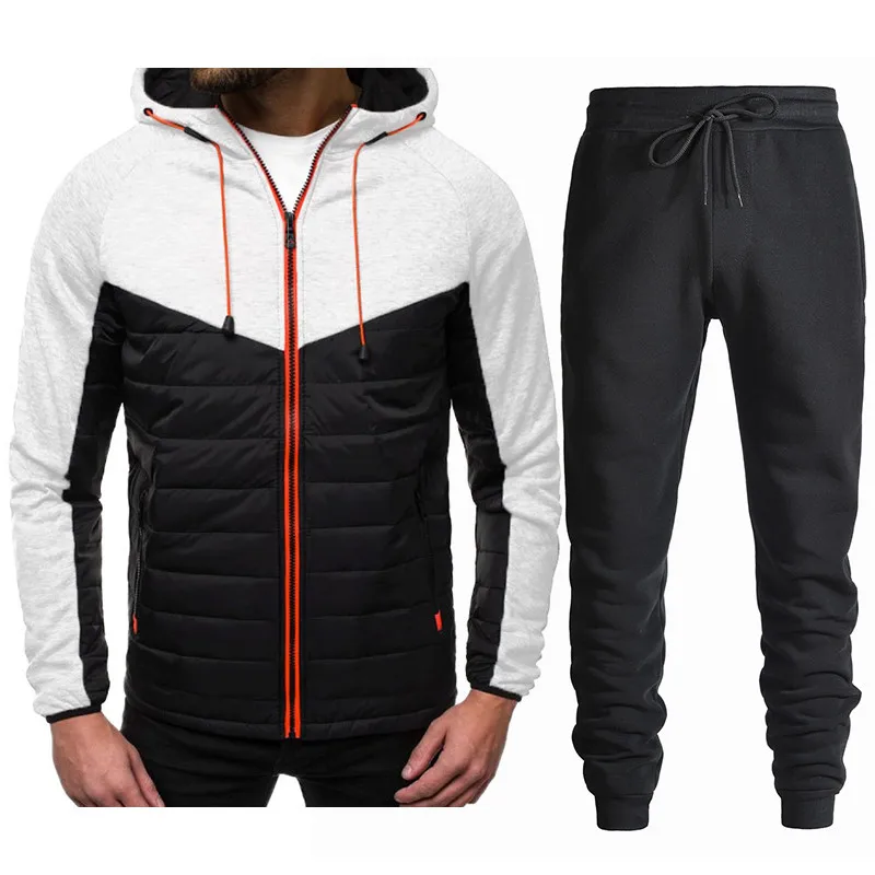 

2021 spring and autumn men's hoodie solid color stitching contrast color zipper cardigan jacket + trousers two-piece men