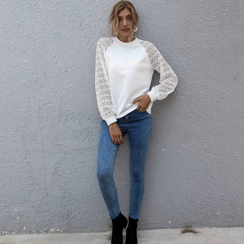 

Women'S Simple Stitching Long Sleeve Hollow Slim Top White