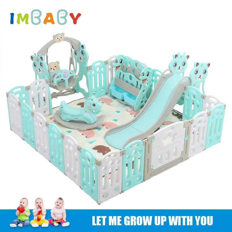 IMBABY Baby Playpens Super Luxury Playpen for Children with Free Mat Home Foldable Baby Playground with Trojan Slide Swing