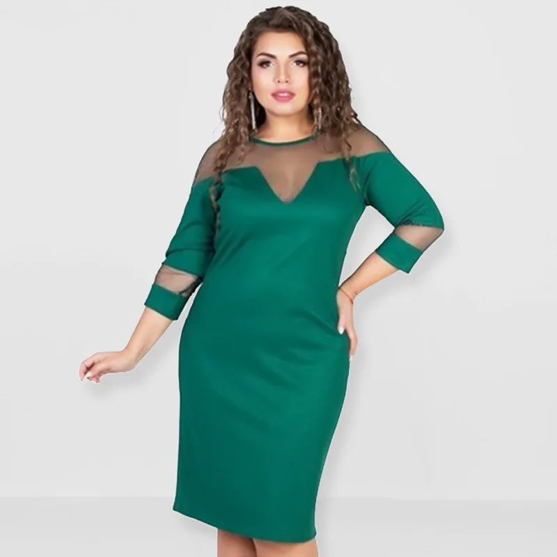 Женское офисное платье размера плюс облегающее черного и зеленого цвета с
