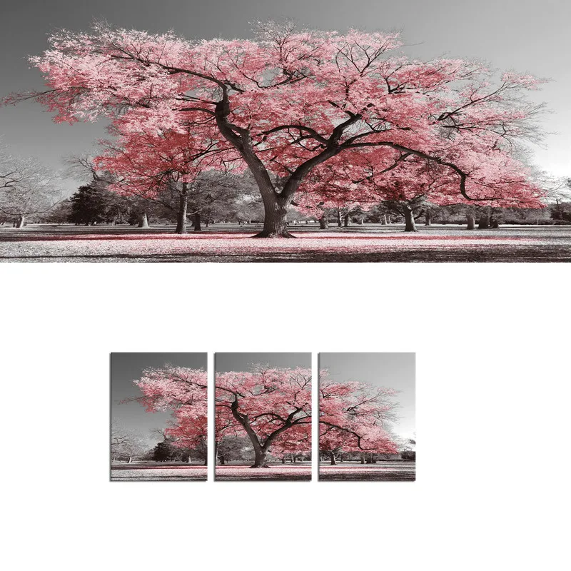 

Landscape Canvas Painting Pink Leaves Tree In Park Wall Art Poster 3 Pieces Huge Trees Print Home Decor Modern Picture