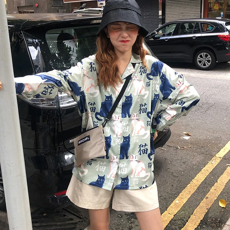 

2019 New Summer Korean Loose Wild Cat Print Blouses Long Sleeve Lapel Chiffon Blouse Shirt Black One Size