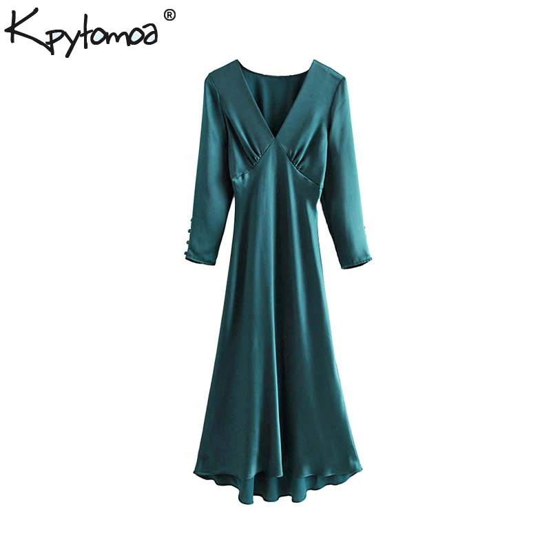 Vintage Stylish Soft Touch Solid Midi Dress Women Fashion V Neck Long Sleeve Party Cozy Dresses Sexy Vestidos Mujer