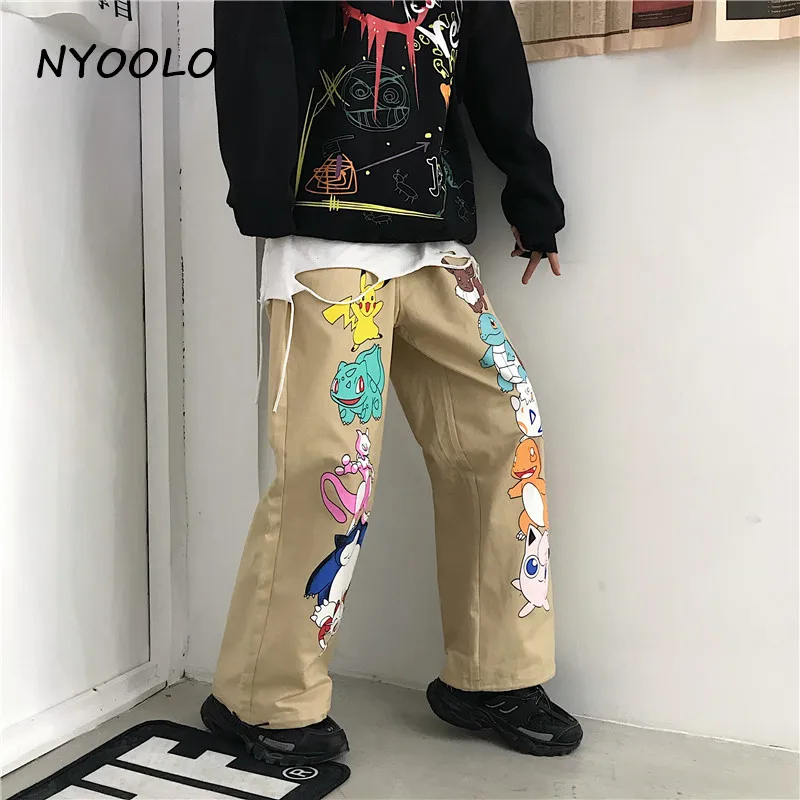 NYOOLO, винтажные уличные штаны для бега с рисунком животных, повседневные свободные штаны с эластичной резинкой на талии, Длинные хлопковые прямые штаны для женщин и мужчин