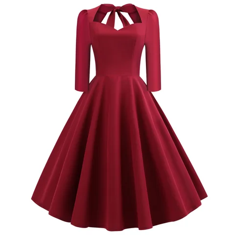 Женское Открытое платье 50s Rockabilly, винтажное однотонное платье с длинными рукавами и v-образным вырезом, красное, синее, зеленое, хлопковое, Ретро стиль, вечерние Сарафаны