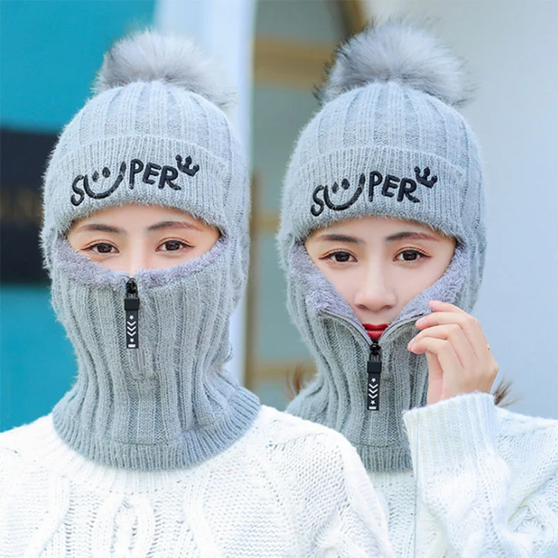 

Hot Sale Female Winter Knitted Hats Add Fur Lined Warm Winter Hats For Women With Zipper Keep Face Warmer Balaclava Pompoms Cap
