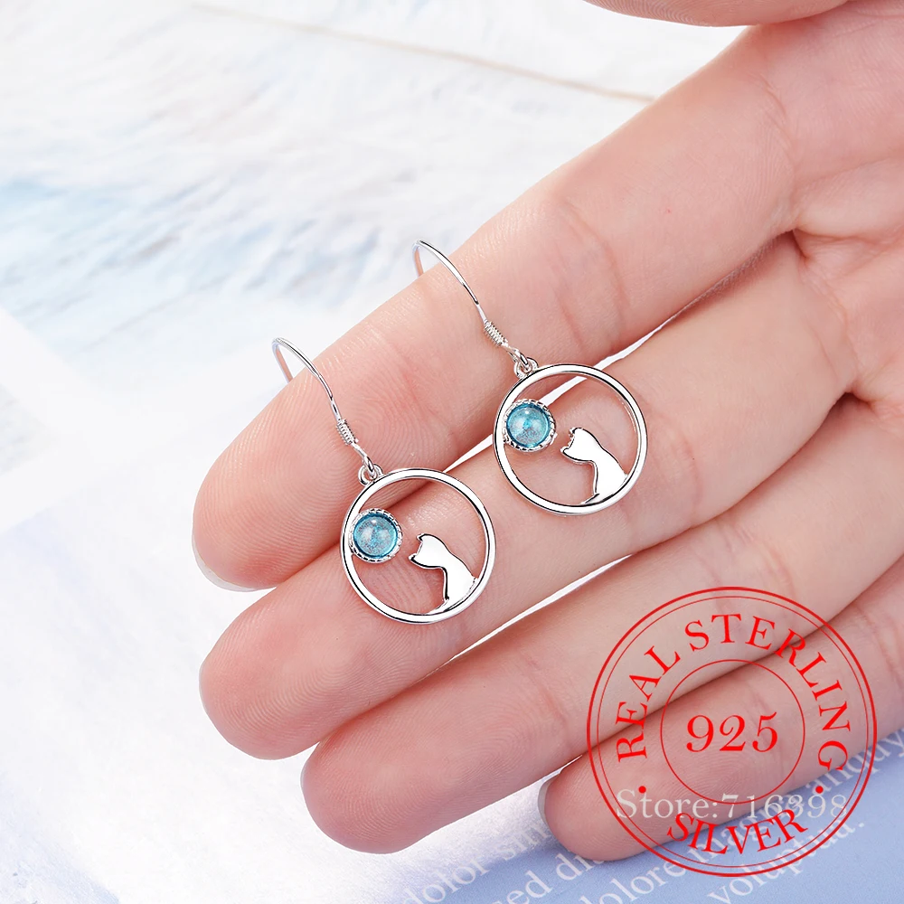 

925 Sterling Silver Moonstone Cat Drop Earrings For Women Fashion Jewelry Lady Statement Earrings Pendiente