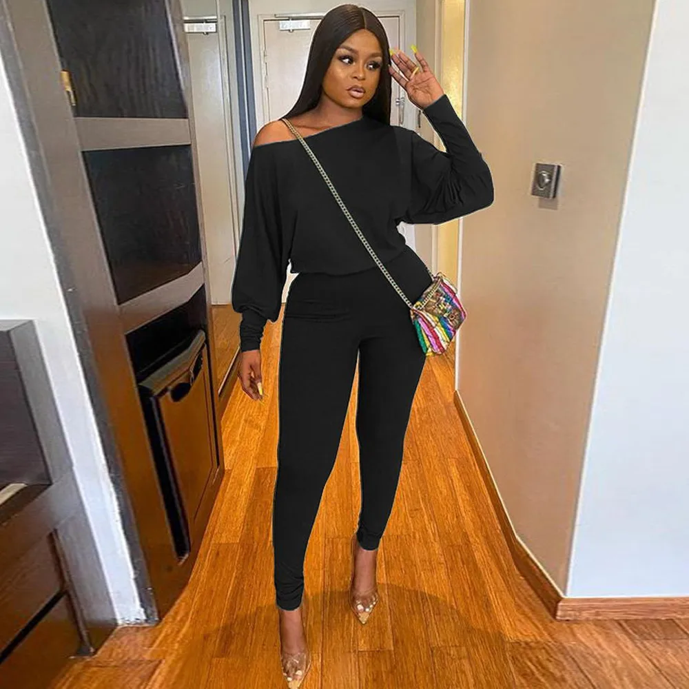 

Casual Sporty Two Piece Pant Suit Solid One Shoulder Long Sleeve T-shirt and Elastic Bodycon Legging Active Wear Club Outfits