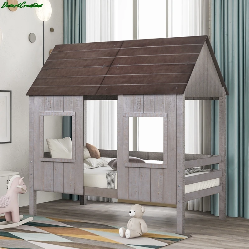 Twin Size Low Loft Wood House Bed With Two Front Windows For Kids Teens Girls Boys Bedroom Furniture