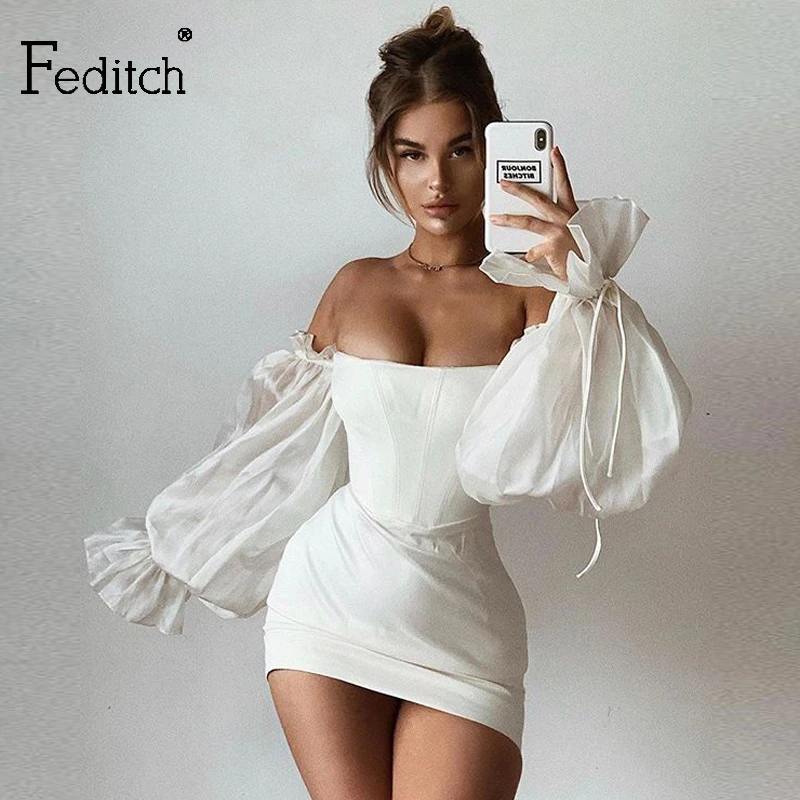 

Feditch 2020 Satin Sexy White Summer Dress Lantern Sleeves Mini Dress Women Bodycon Solid Slim Night Club Party Dress Vestidos