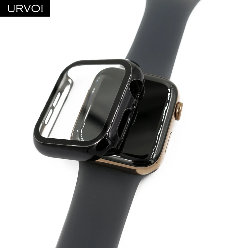 URVOI Защита экрана для Apple Watch 4 3 2 Чехол пластиковый бампер с закаленной пленкой iWatch