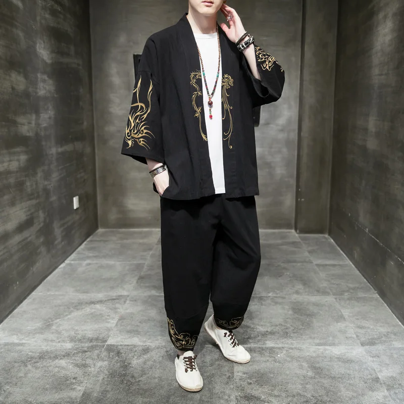 Мужские комплекты оригинальный хлопковый костюм Hanfu летняя вышитая Футболка