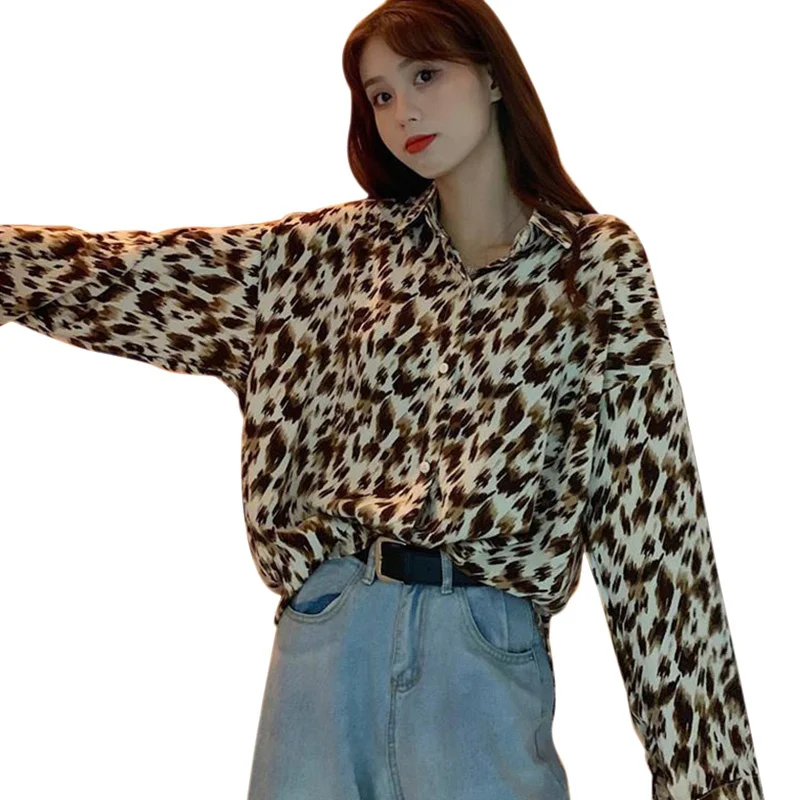 

Женская шифоновая блузка в стиле Харадзюку, Повседневная Блузка с отложным воротником и длинным рукавом, с леопардовым принтом, весна 2021