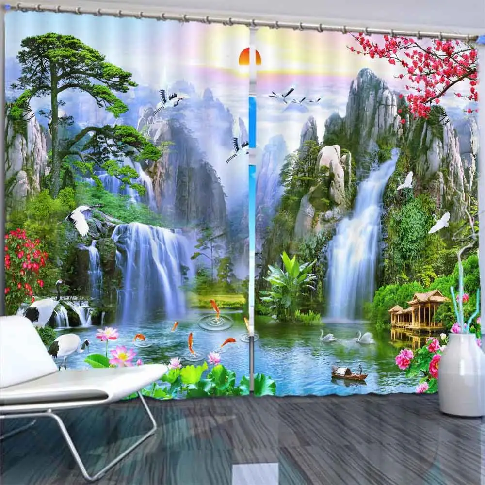 Шторы на заказ простые сценические занавески с изображением водопада для