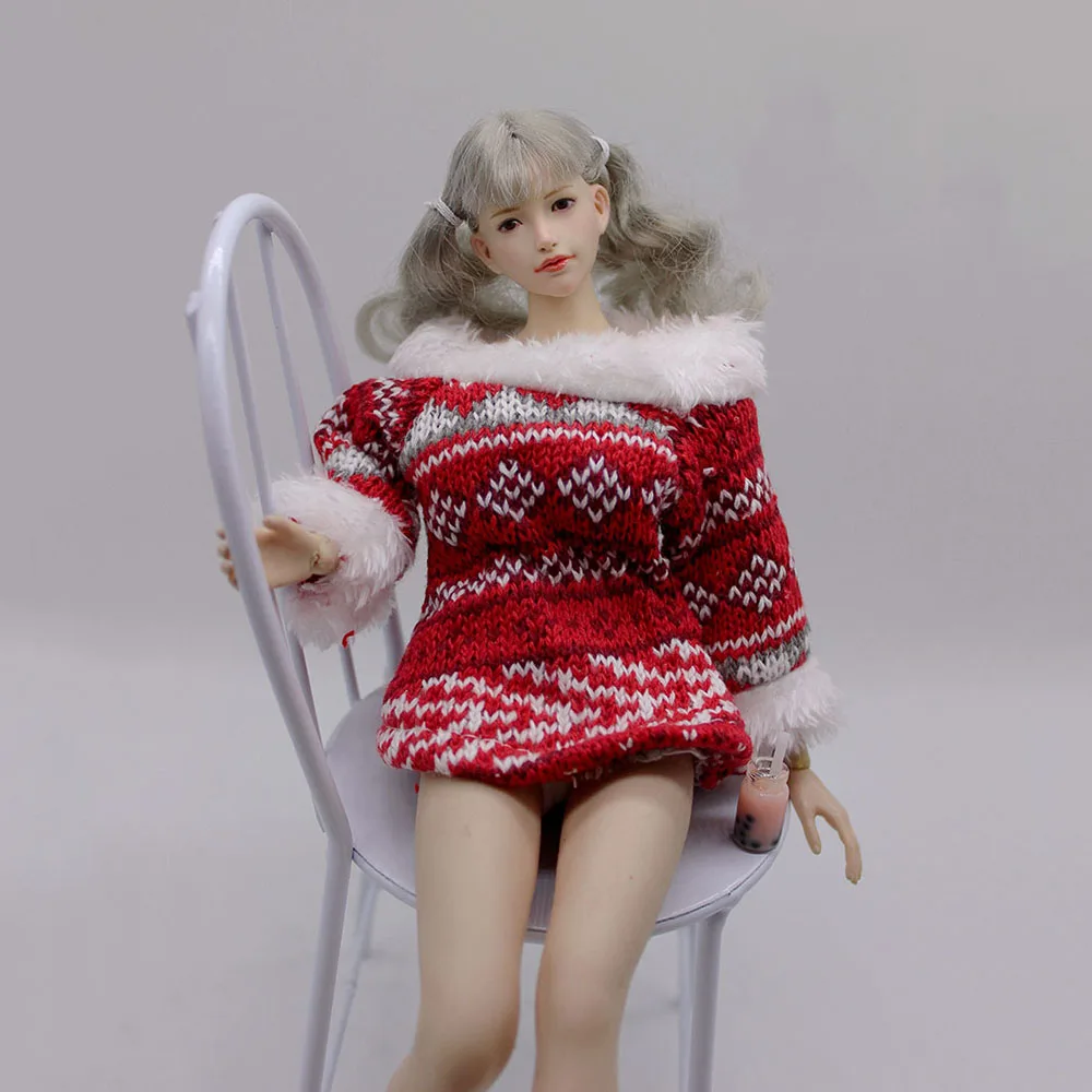 

1/6 Scale Soldier Cute Fur Collar Sweater Knitting Sexy Christmas Dress Model For 12inch Female Action Figures Clothes Accessory