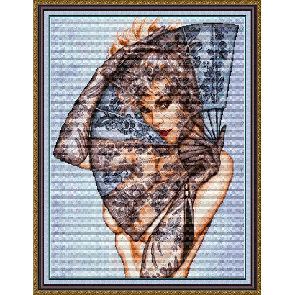 

Everlasting loveBeauty and folding fan Chinese cross stitch kits Ecological cotton printed 14CT DIY gift Christmas decorations
