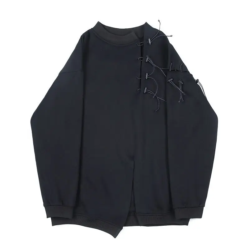 

LANMREM women autumn round collar black sweatshirts for women 2021 niche strings vent hem hoodies with velvet oversize top YJ980