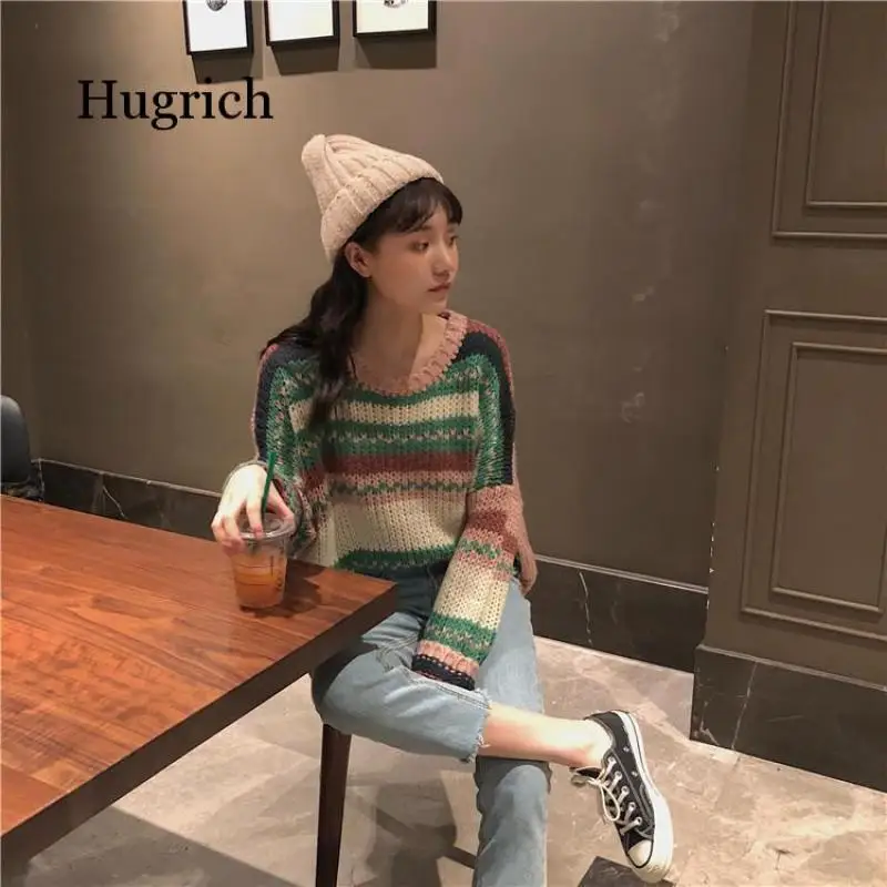 

Rainbow Stripe Loose Wear Short Sweater Women's Hollow Fashion New 2021 Sweater Autumn and Winter Wear