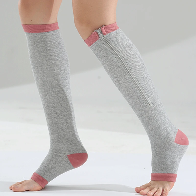 

New Men Women Compression Socks Support Knee Zipper Socks Female Open Toe Thin Anti-Fatigue Stretchy Sox High Socks