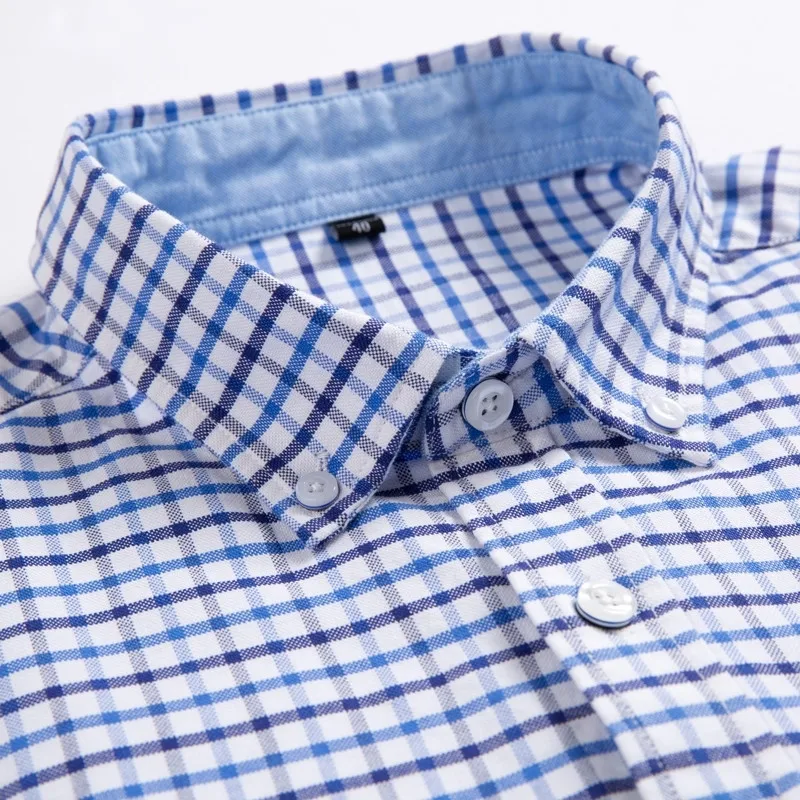 High Quality S-6XL 100% Pure Cotton Oxford Men's Plaid Shirts Man Home Casual Long sleeve Shirt for Men White Black Blue Shirt