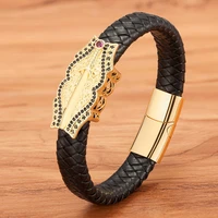 tyo wholesale men bracelet stainless steel magnetic clasp cubic zirconia bead charm jewelry handmade braided leather men bangles