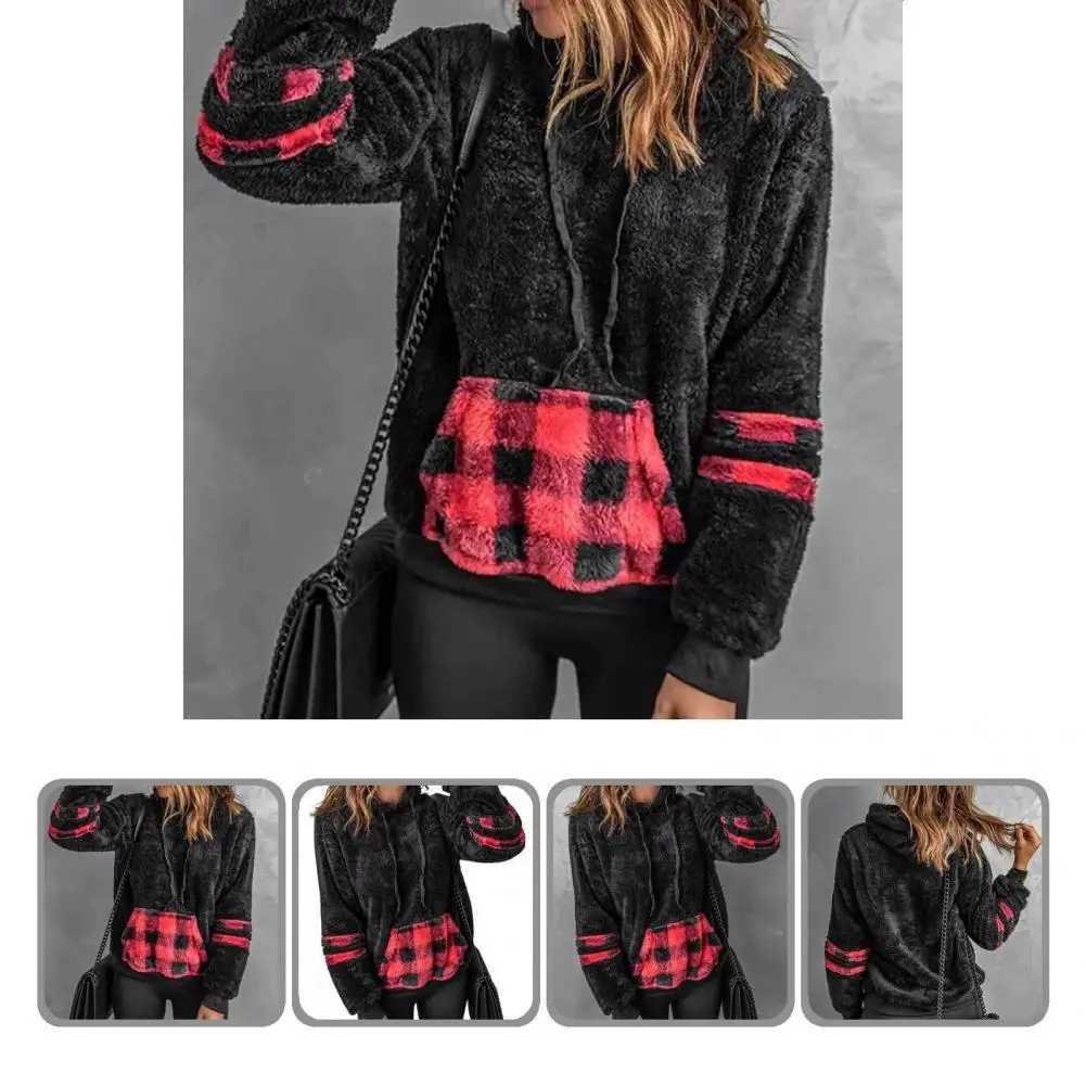 

Пуловер с капюшоном и передним карманом, супермягкая теплая клетчатая Женская пушистая Толстовка в стиле пэчворк, пушистая толстовка, верх...
