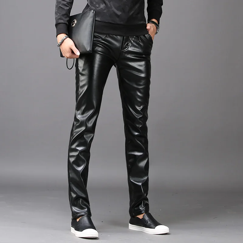 

Men's Leather Pants Slim Style Waterproof Oil Working Trousers Thin Sexy Feet Bottom Fall Winter Streetwear Men Clothes 2020