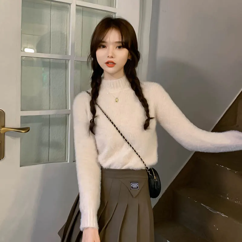 

Spring/Autumn Women's Sweater Long Sleeve Mock Neck Solid Color New Fashion Casual Slim Stretch Cotton Pullover Top Houthion
