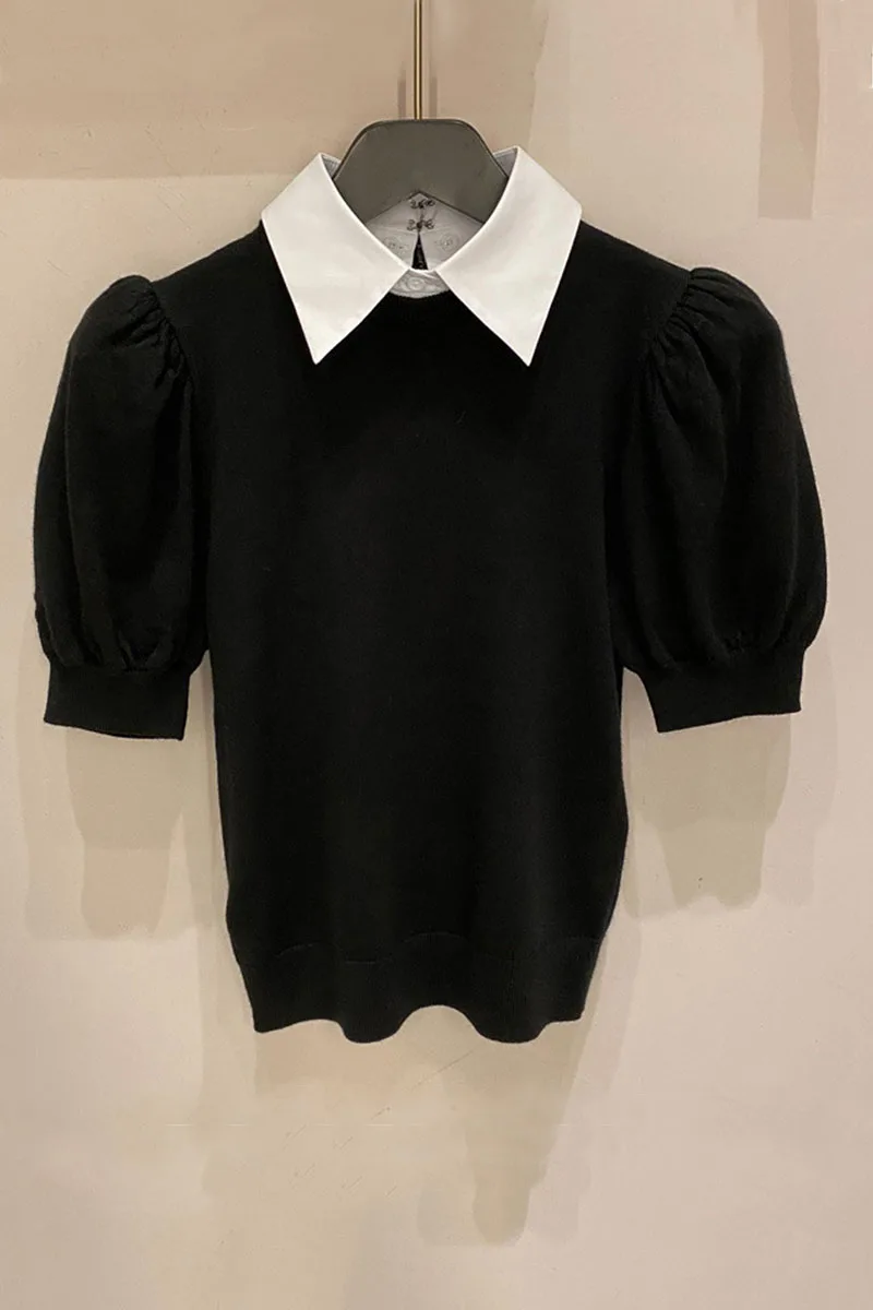 

Spring 2021 New Polo Collar Color Contrast Patchwork Zipper Top Short Puff Sleeve Black Knitwear Short Sleeve Women's Summer