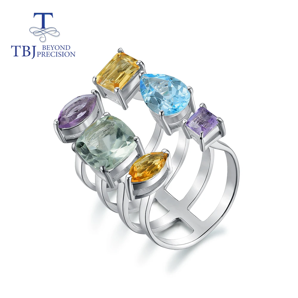 Многоцветный Tbj, 8ct микс разноцветное кольцо с натуральным драгоценным камнем, Настоящее серебро 925 пробы, хорошее ювелирное изделие, модный дизайн для женщин, жены, леди, лучший подарок - Цвет камня: Многоцветный
