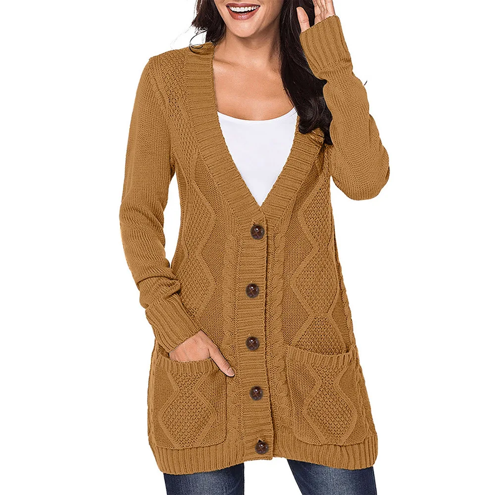 

Autumn And Winter New V-collar Single Breasted Long-sleeved Long-cut Cardigan Sweater Europe And America Women's Foreign Trade