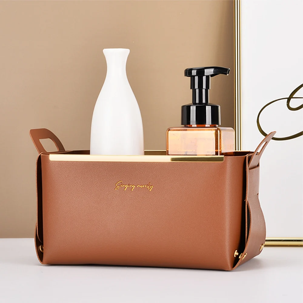 

Nordic Ins Porch Key Cosmetic Storage Box Shoe Cabinet Leather Sundries Storage Basket Box With Handle Makeup Storage Containers