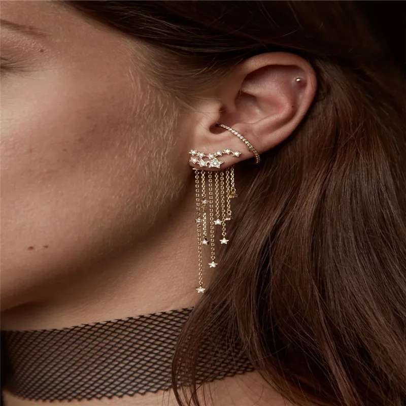 Длинные кисточки падение крючком висячие серьги с рисунком пятиконечной звезды