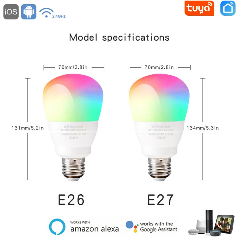 

Tuya Smart Light Lamp Wifi Bulb E26 E27 Color Changing RGBCW LED Bulb Smart Life APP Remote Voice Compatible Alexa Google Home