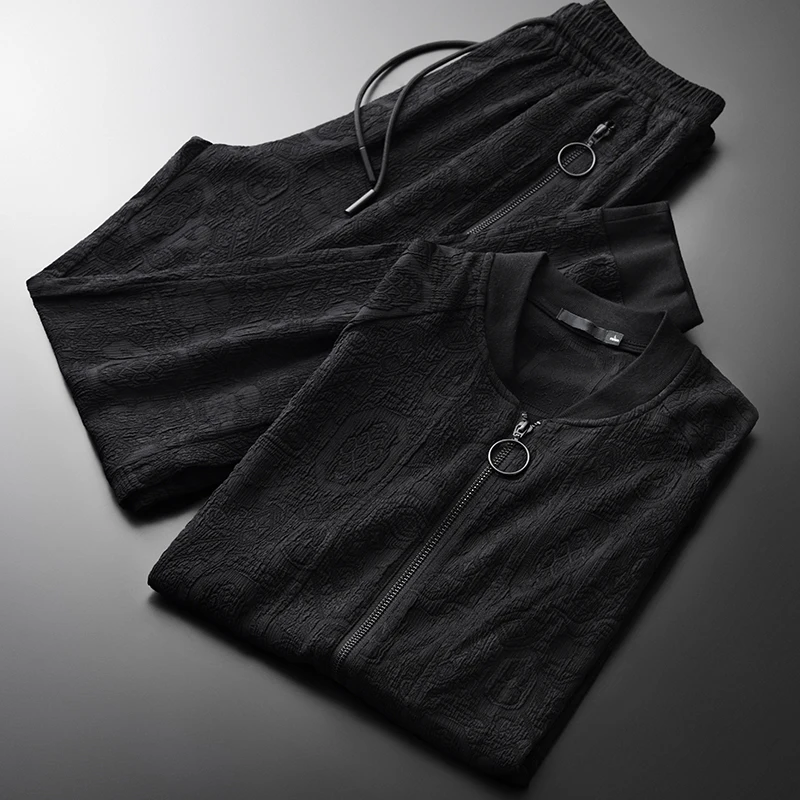 

Мужские комплекты с воротником-стойкой (футболка + брюки), роскошные комплекты с коротким рукавом и металлической молнией, мужские комплект...