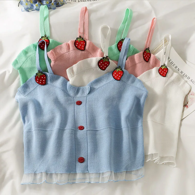 

Sweet Lolita Style Knitted Camisoles Women Strawberry Embroidery Cute Mesh Ruffles Crop Tank Tops Girls Harajuku Camis Y2k New