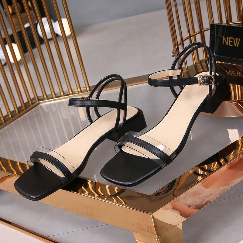 

Block Heels 2021 Summer Sandals Elastic Band All-Match Comfort Shoes for Women Suit Female Beige Large Size Shallow Mouth Chunky