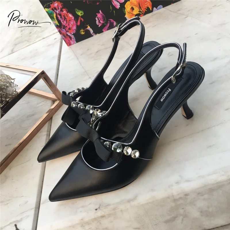 

Prowow Pink Spring Summer Genuine Leather Women Pumps Sexy Pointed Toe Buckle Crystal Thin Heel Women Pumps Party Shoes Woman
