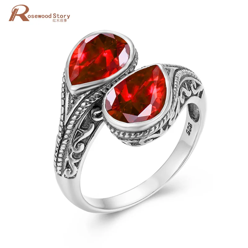 

Pure 925 Sterling Silver 2 Stones Womens Ruby Ring Vintage Jewelry Gothic Tear Drop Wedding Anniversary Gifts Female Accessories