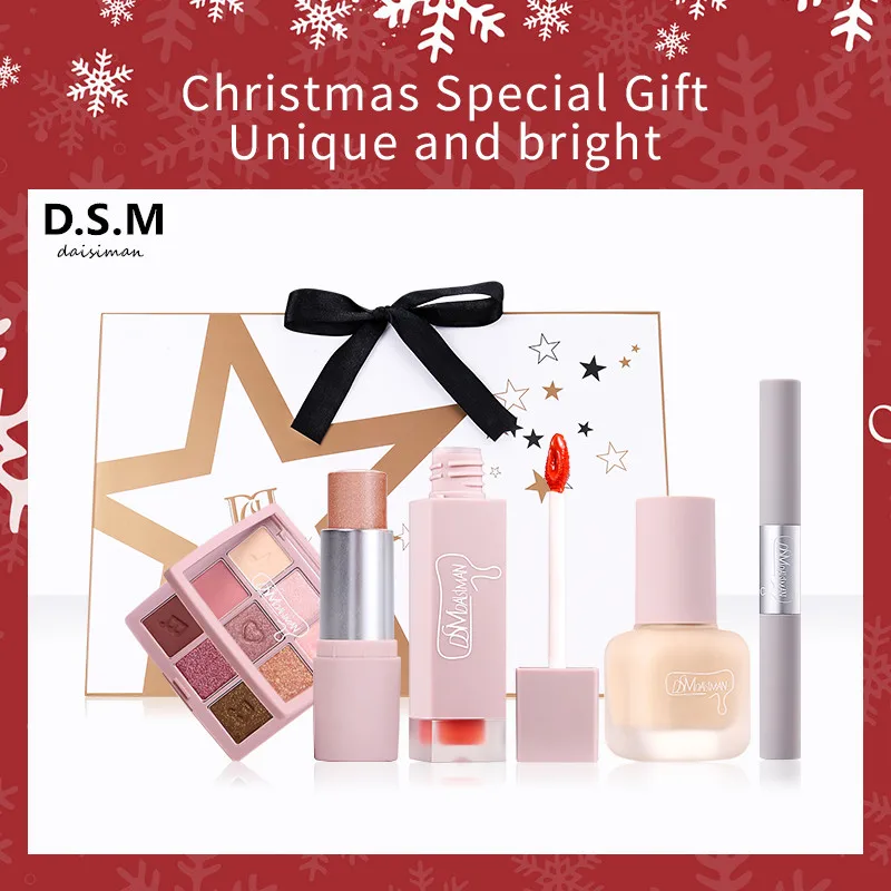 

DSM Five Pcs Set Goddess Christmas New year Gift Box Lip Gloss Pallet Eyeshadow BB Foundation Mascara Concealing Stick