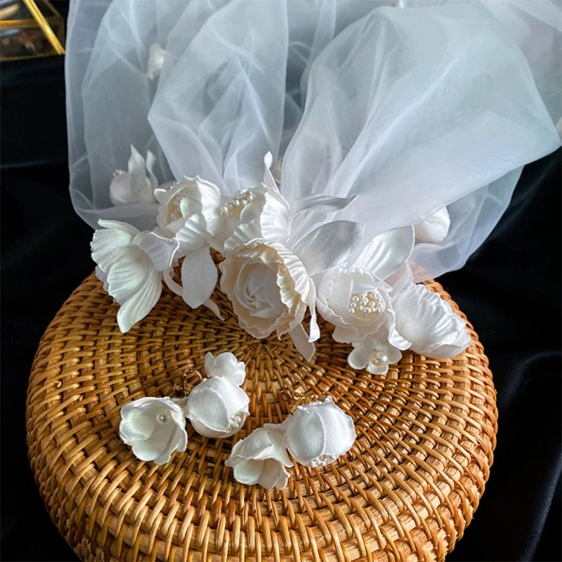 

French Style Vintage Bride Wedding Veil with Dangle Earrings Artificial Rose Flower Bud Hair Jewelry Headpiece Party Prom