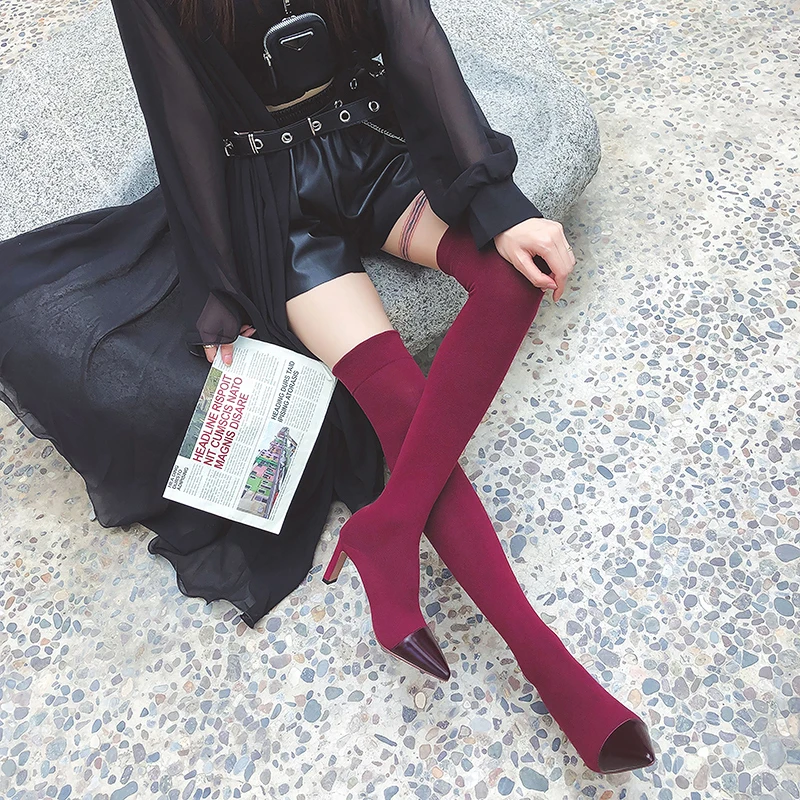 

ANNYMOLI Real Leather High Heel Boots Female Over The Knee Boots Women Shoes Pointed Toe Chunky Heels Long Boots Ladies Gray 42