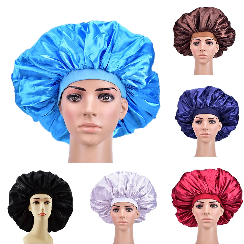 

High Quality Extra Large Satin Sleep Cap Waterproof Shower Cap Protect Hair Women Hair Treatment Hat 6 Colors